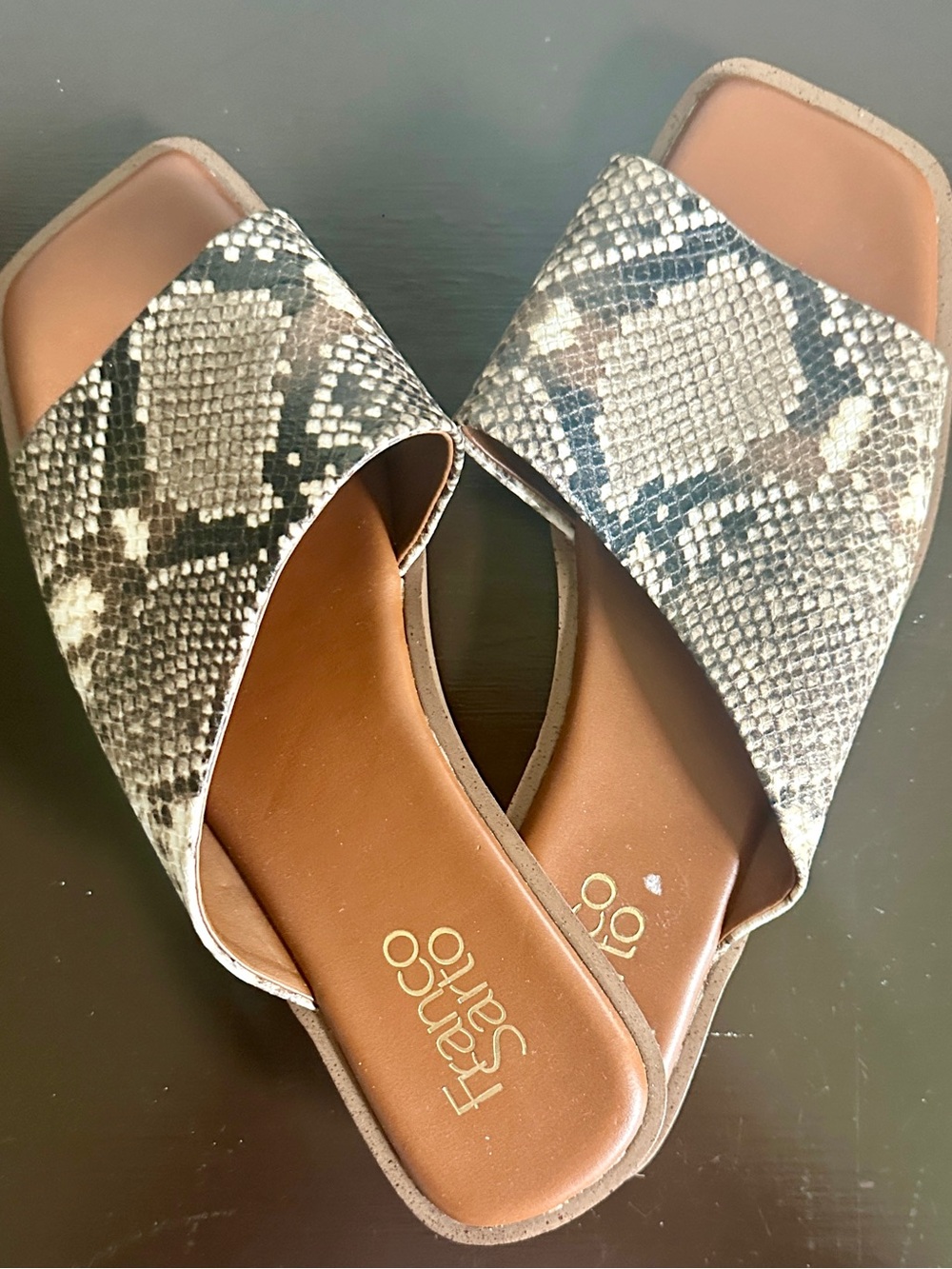 Franco Sarto Snake-Print Slide Mules in Brown and Black